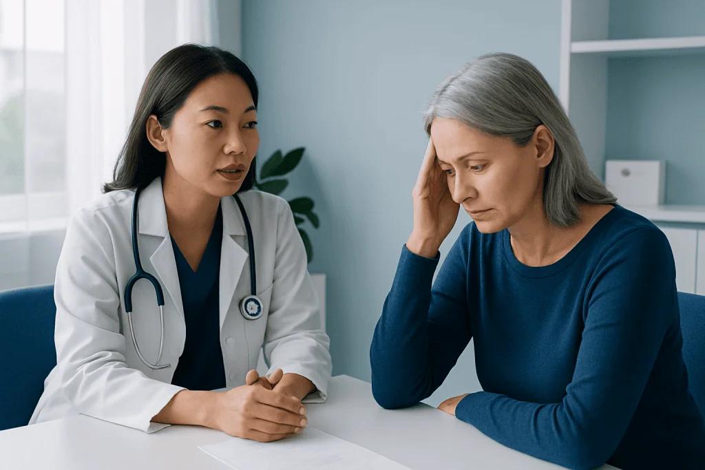 Doctor consulting with a patient about health concerns in a medical office.