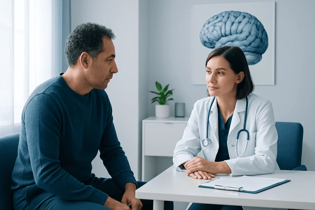 Doctor consulting with patient about brain health and sleep.