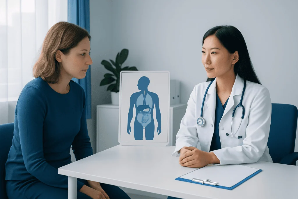 Doctor consulting with patient about immune system at hospital.