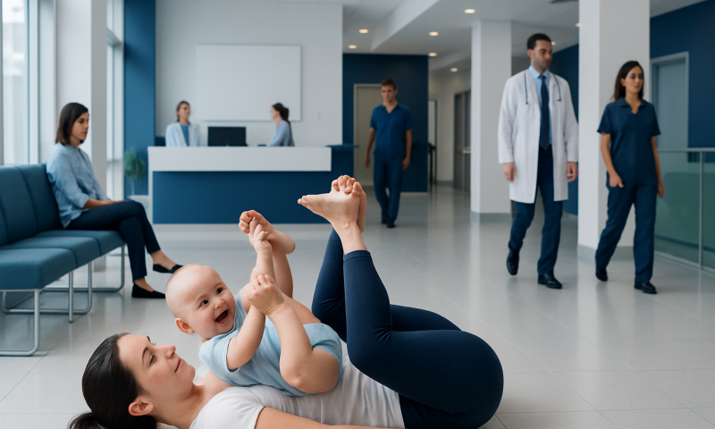 Happy baby lying on mother's stomach at hospital waiting area.