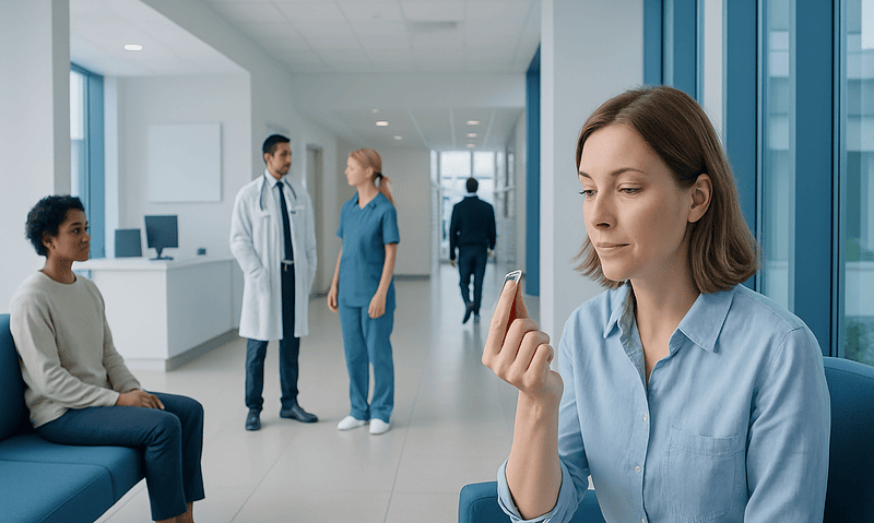 Young woman using smartphone in hospital waiting area with medical staff.