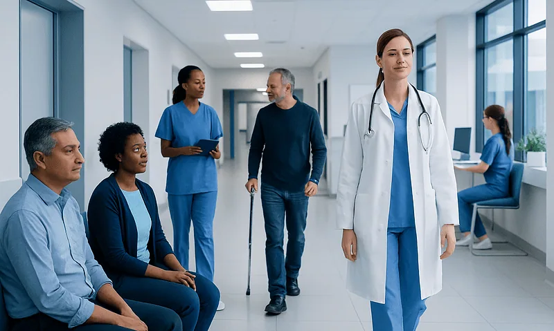Healthcare professionals and patients in a modern hospital corridor.