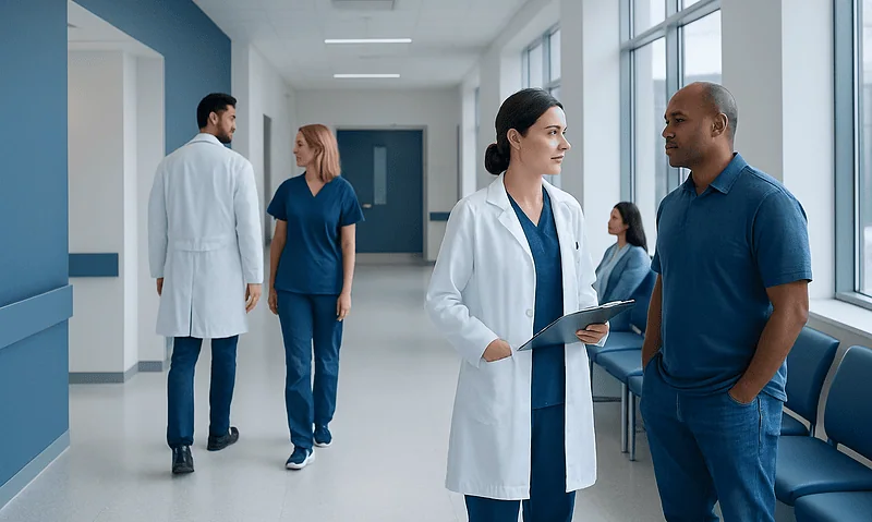 Healthcare professionals and patient in hospital corridor at Acibadem Hospitals Group.