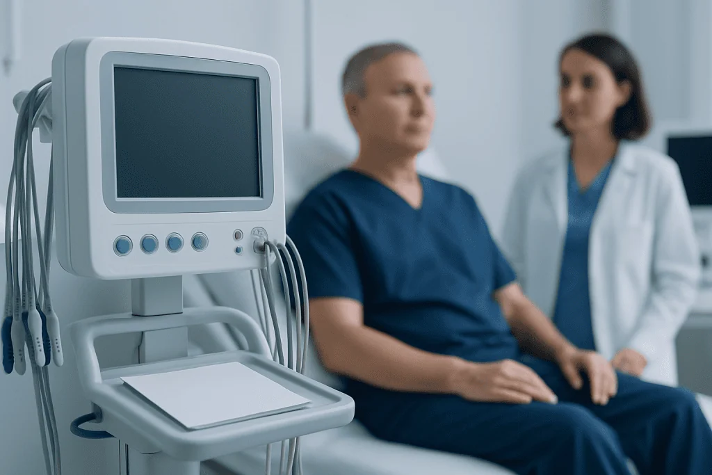 Patient in hospital room with medical monitor and healthcare professional.