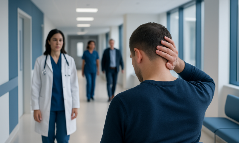 Patient experiencing neck pain in hospital corridor with medical staff nearby.