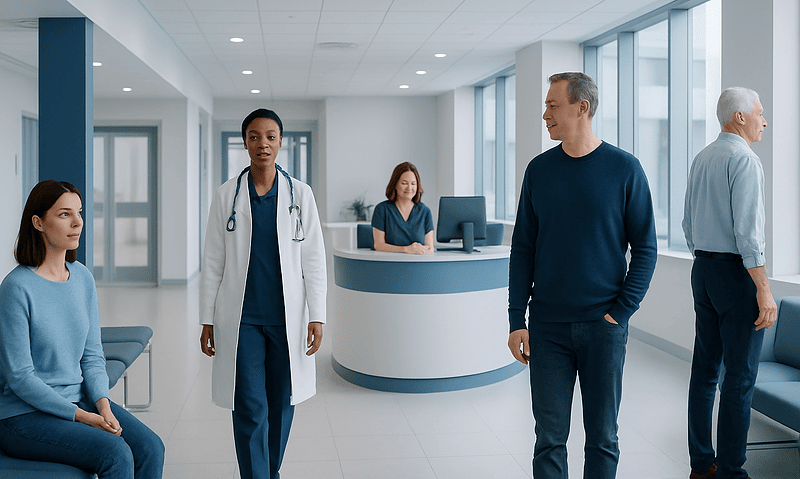Patients and doctor in a modern hospital waiting area at Acibadem Hospitals Group.
