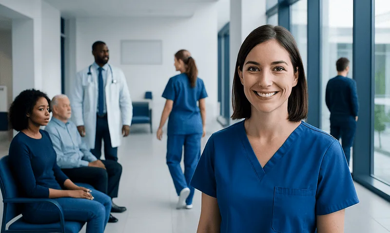 Smiling healthcare professional in a hospital corridor with patients and staff.