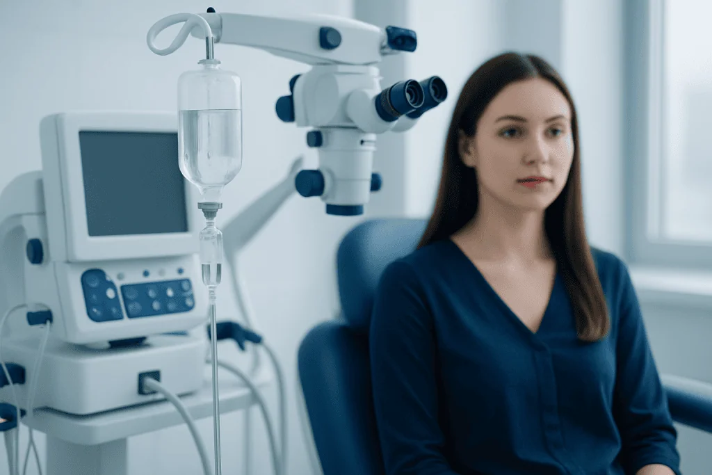 Medical examination room with a woman patient and advanced equipment.