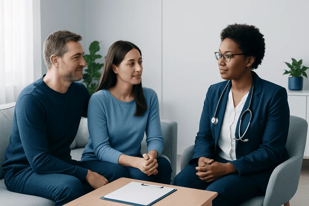 Doctor consulting with a couple in a medical office setting.
