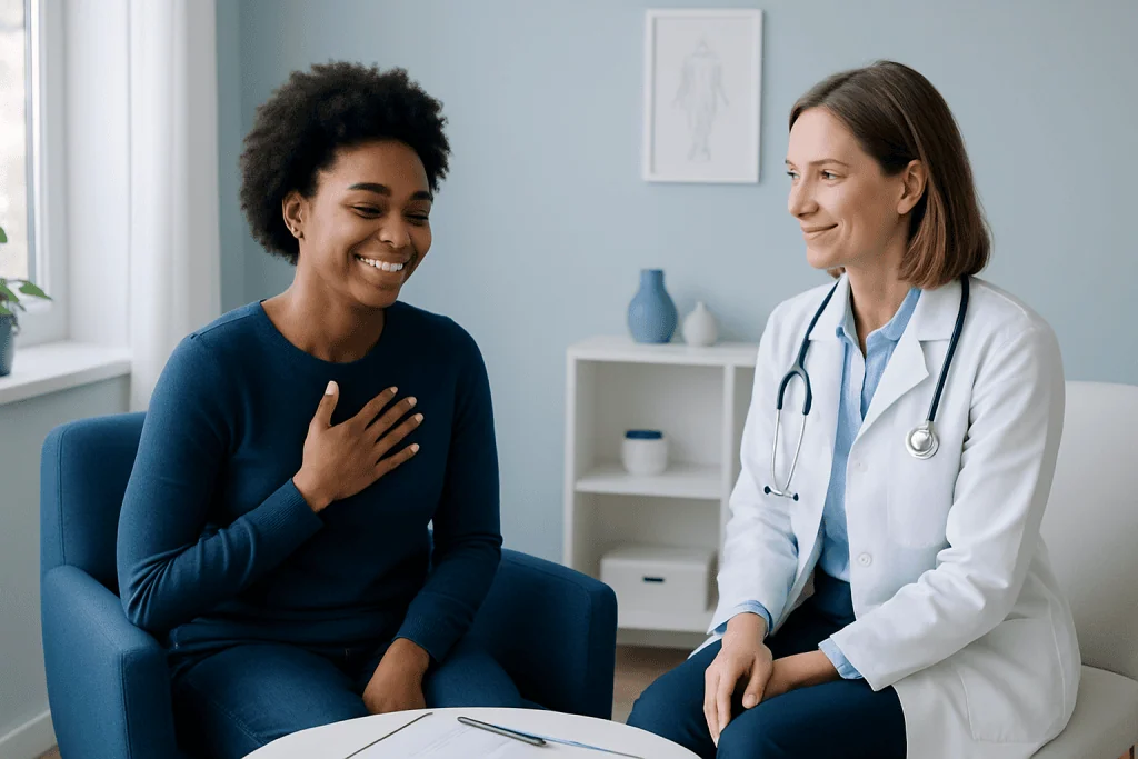 Female patient smiling during consultation with doctor in clinic setting.
