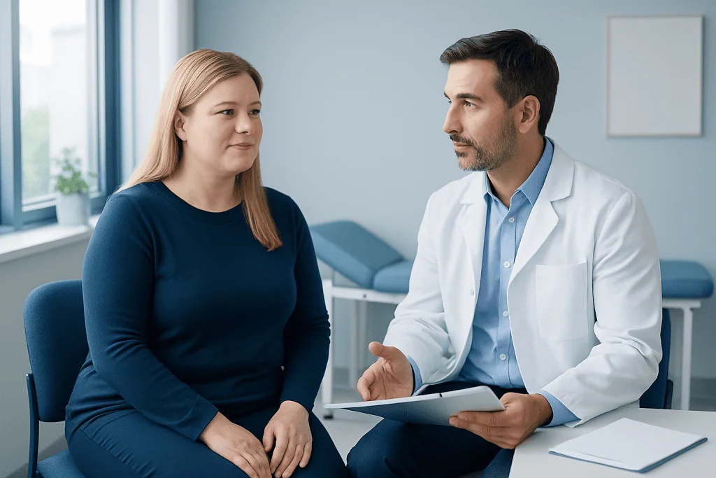 Doctor consulting with a female patient in a modern medical office.