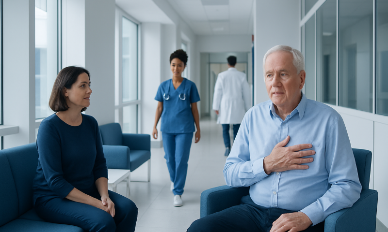 Patient experiencing chest discomfort in hospital waiting area with medical staff nearby.