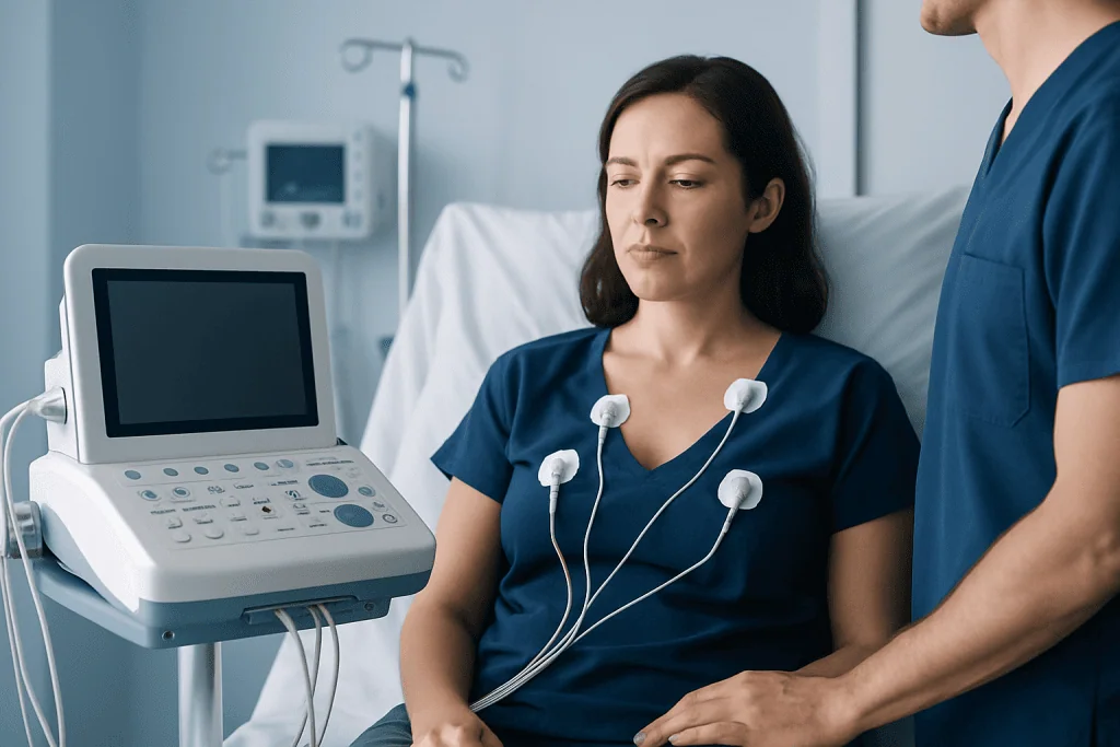 Patient undergoing cardiac monitoring with electrodes and medical equipment.