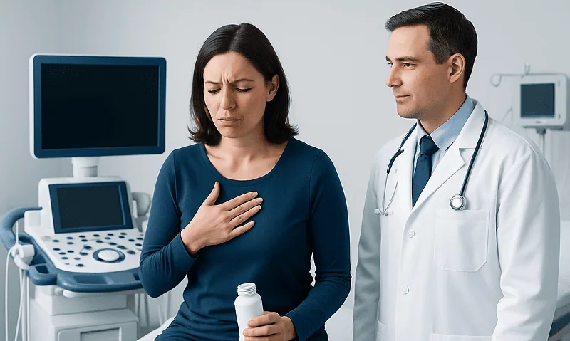 Woman experiencing chest discomfort during medical consultation at hospital.