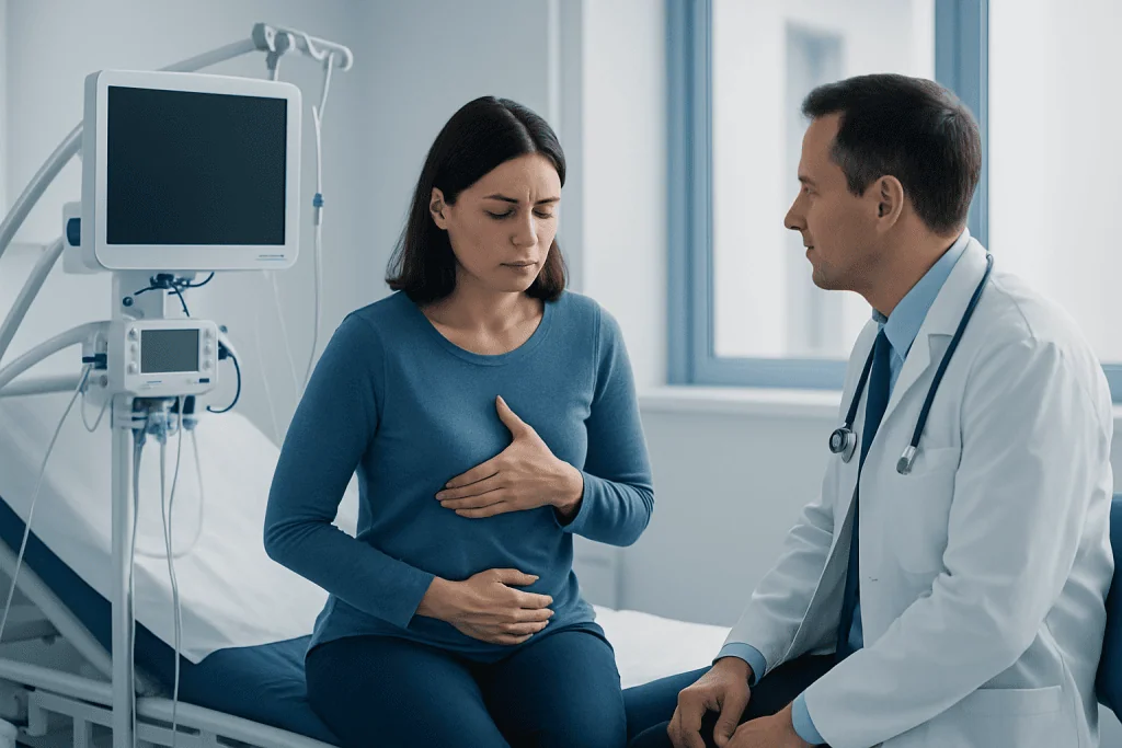 Doctor consulting with a woman patient experiencing chest pain in hospital.