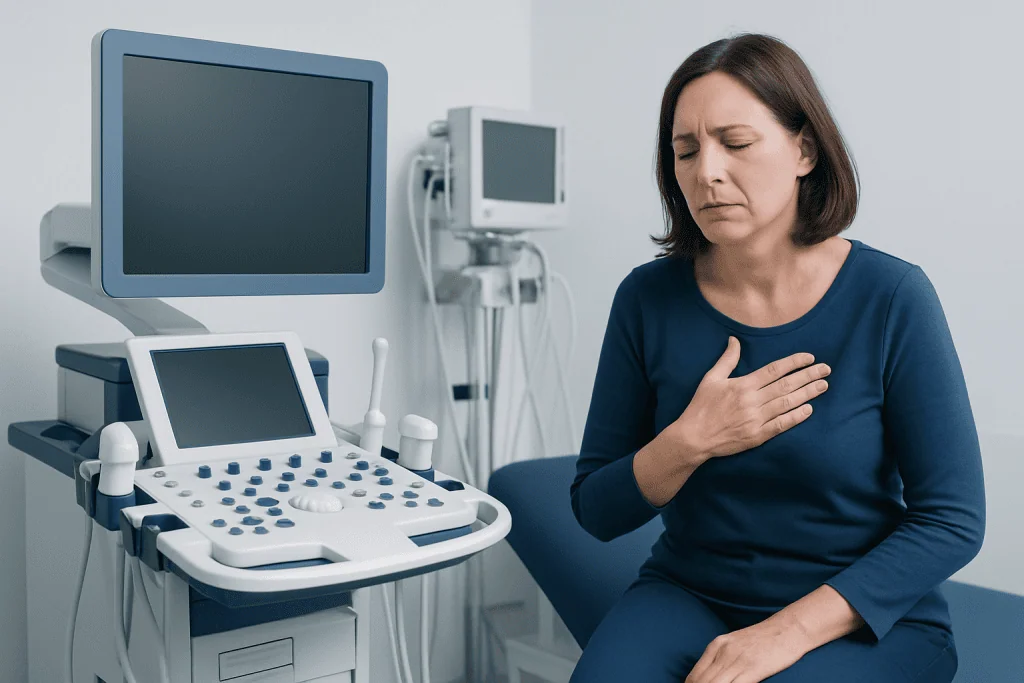 Woman experiencing chest discomfort in a medical examination room.