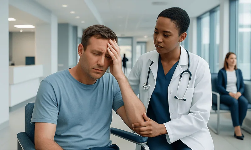 Patient with headache consulting a doctor in hospital.