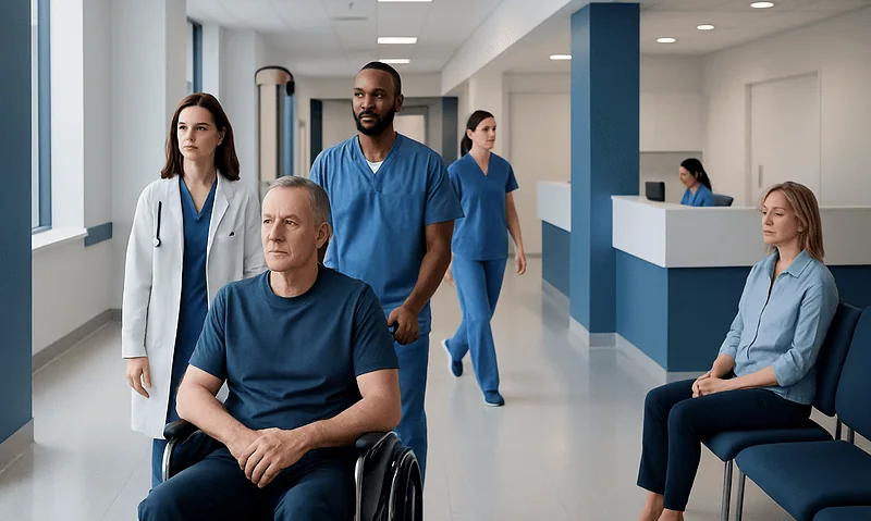 Diverse medical team with patient in hospital corridor.