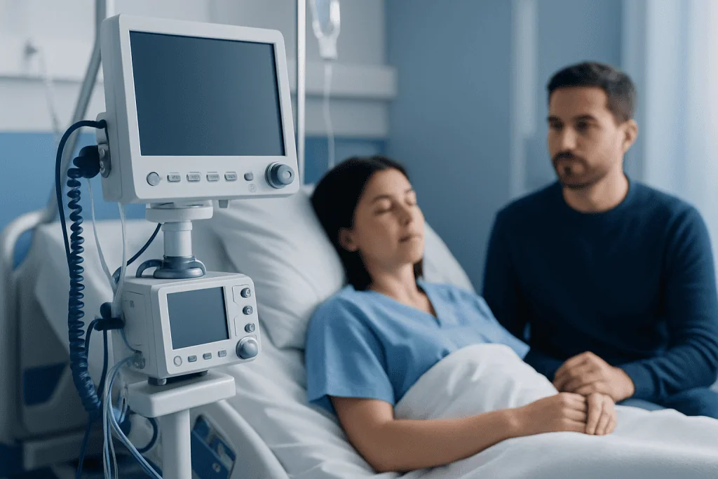 Patient in hospital bed with medical monitor and visitor beside her.