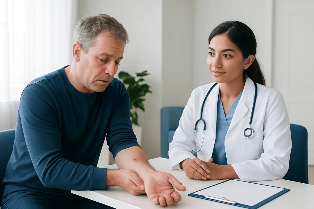 Doctor examining patient's arm in a medical consultation room.