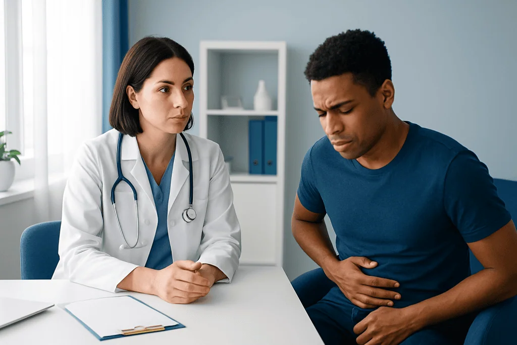 Doctor consulting with a patient experiencing stomach pain in a medical office.