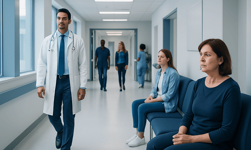 Medical professionals and patients in a hospital corridor.