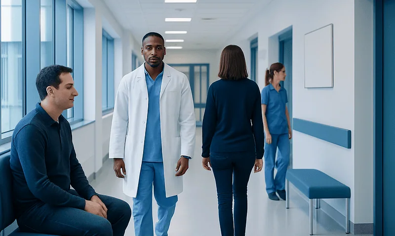 Medical professionals and patients in a hospital corridor.