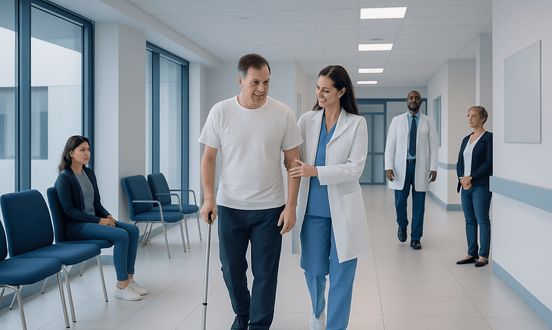 Patient walking with crutches in hospital corridor with medical staff nearby.