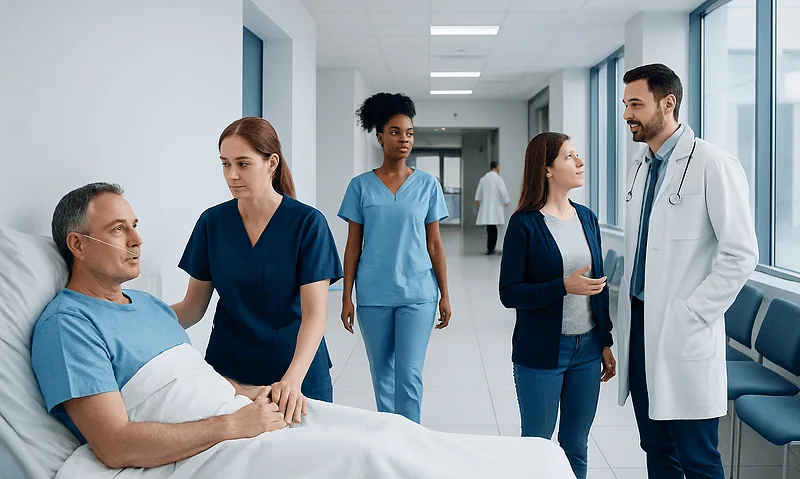Medical team consulting with patient in hospital corridor.