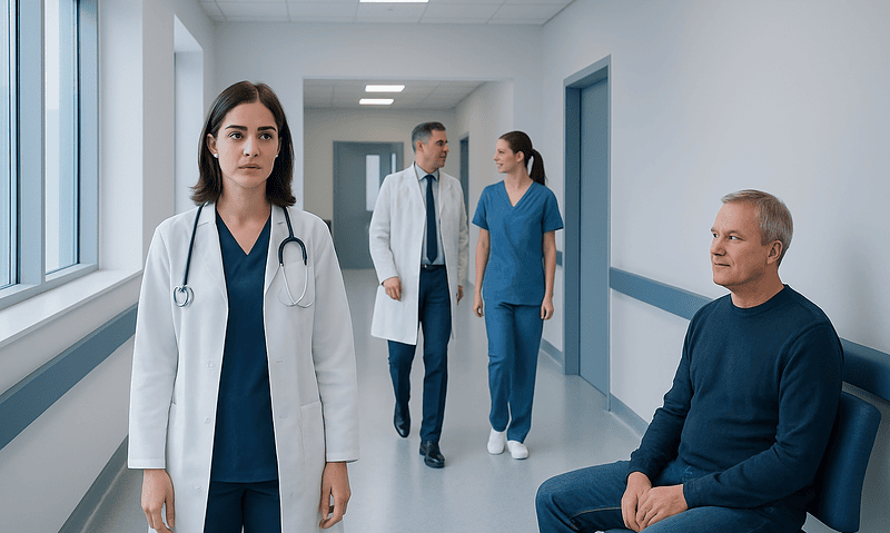 Medical team in hospital corridor with patient waiting area and staff in background.