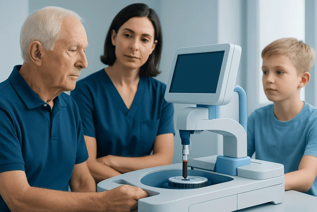 Medical professional explains blood test results to a senior man and young boy.