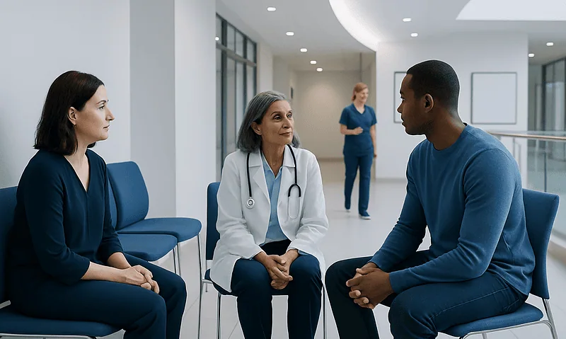 Doctor consulting with two patients in a modern hospital corridor.