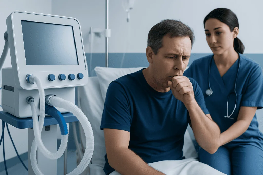 Patient coughing in hospital bed with medical monitor nearby.