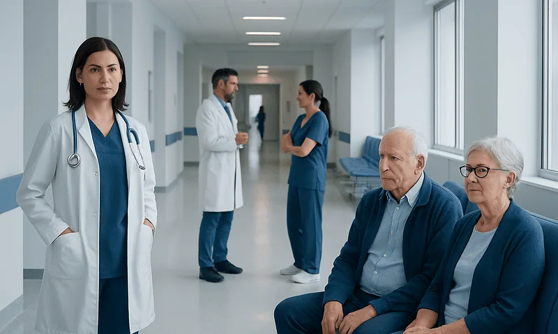 Medical staff and patients in a hospital corridor at Acibadem Hospitals Group.