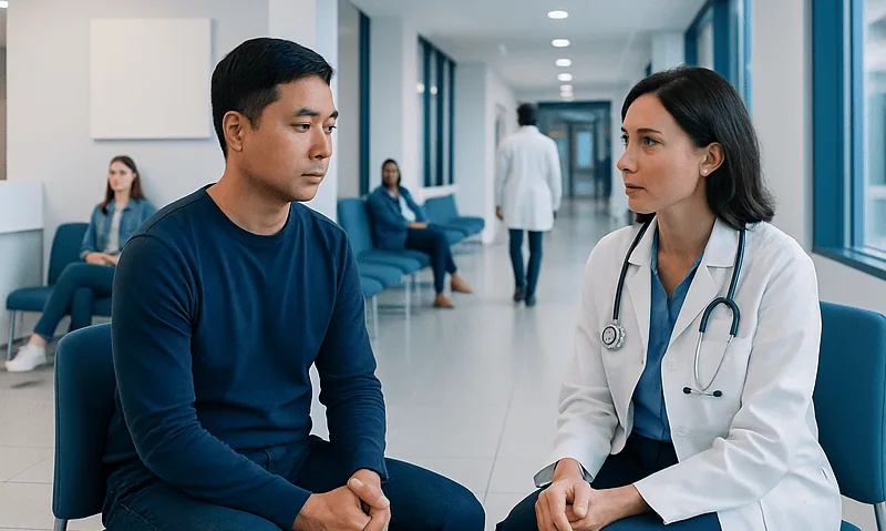 Doctor consulting a patient in a hospital corridor with other patients in the background.