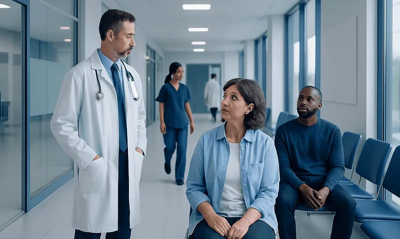 Doctor consulting with patients in hospital corridor.