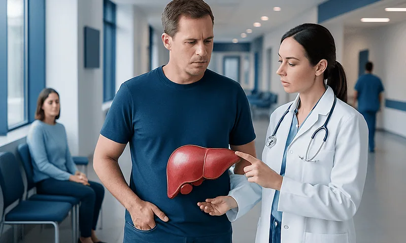 Doctor explaining liver health to a patient in a hospital corridor.