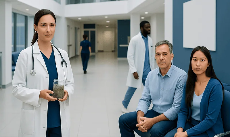 Healthcare professionals and patients in a modern hospital corridor.