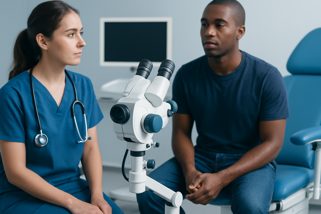 Doctor and patient in consultation at a medical clinic with microscope.