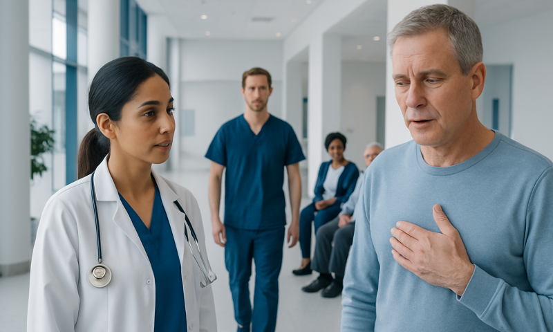 Doctor explaining symptoms to patient in hospital corridor.
