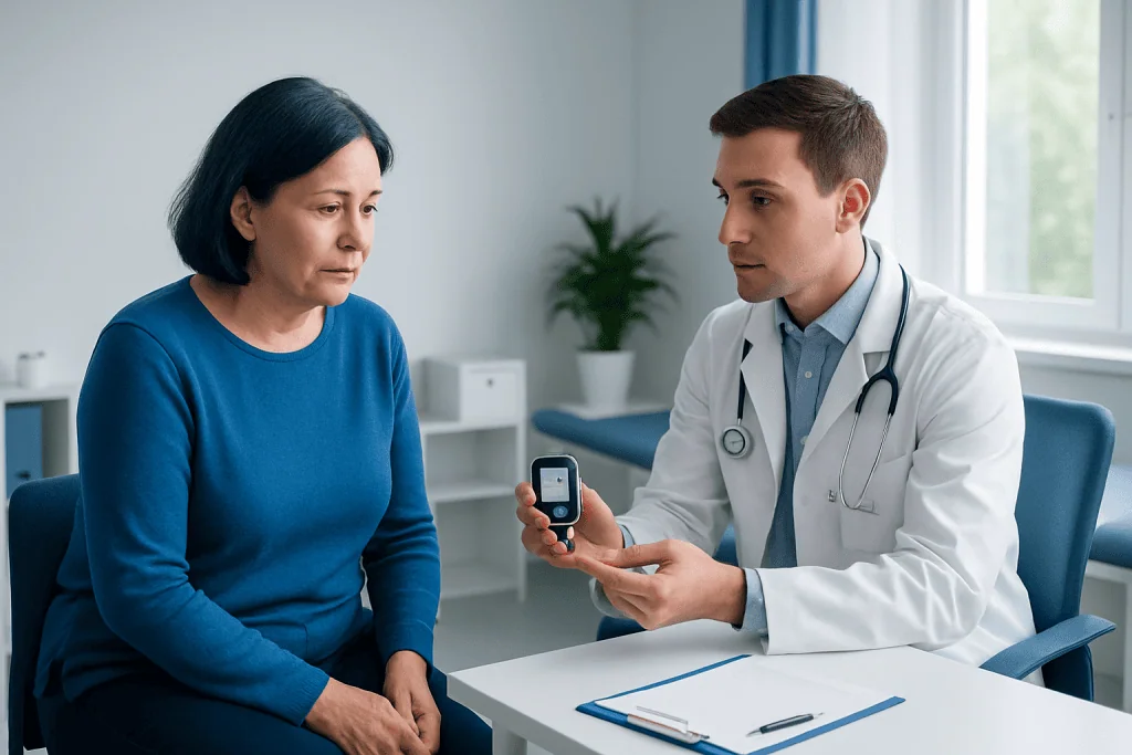Doctor explaining blood glucose monitor to a patient in a clinic setting.