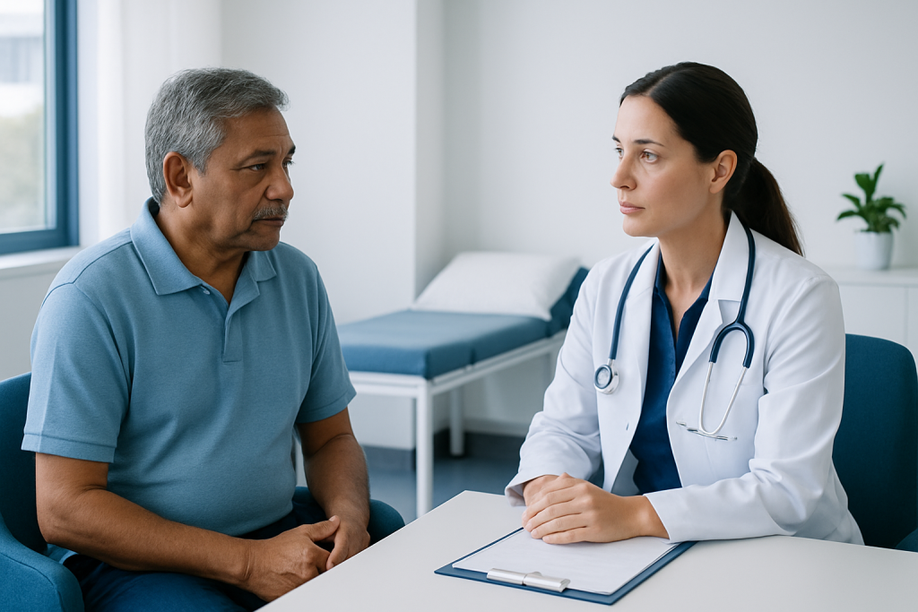 Doctor consulting with an elderly male patient in a medical office.
