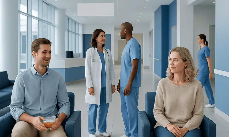 Hospital waiting area with patients and medical staff engaging in conversation.