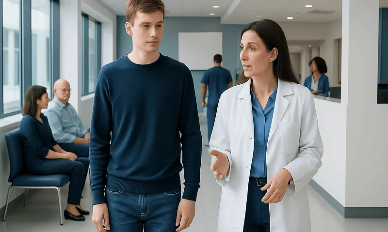 Doctor consulting with a young male patient in a hospital corridor.