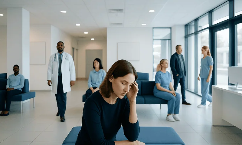 Young woman appears distressed in a hospital waiting area with medical staff and patients.