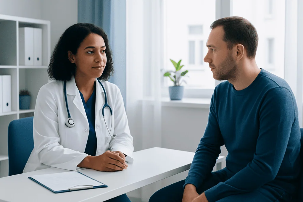 Doctor consulting with male patient in a medical office setting.