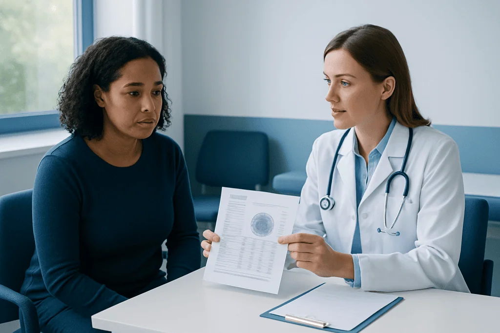 Doctor explaining blood test results to a patient in a clinic.