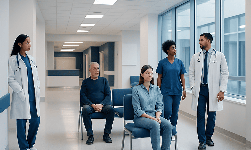 Medical team consulting with patient in hospital corridor.