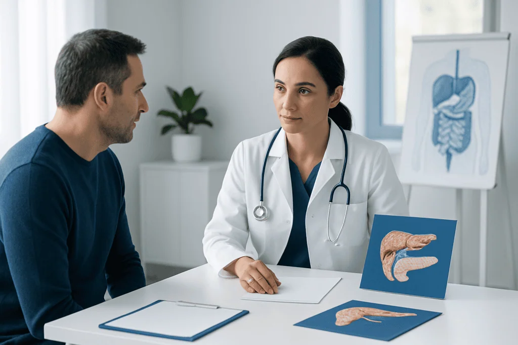 Doctor explaining pancreas and digestive system to patient in clinic.