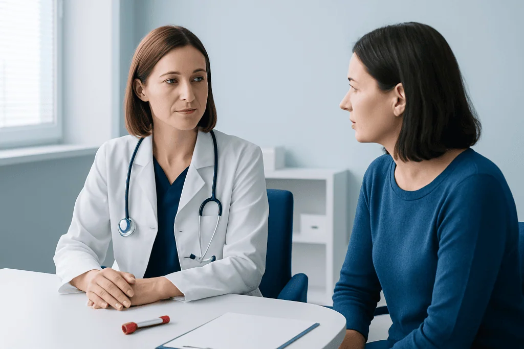 Doctor consulting patient in a medical office setting.